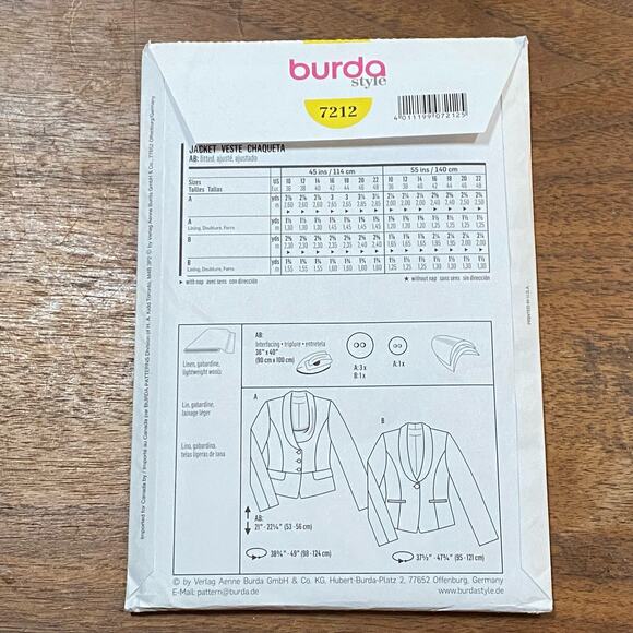 Burda #7212 Sewing Pattern Fitted Blazer Jacket US size 10-22 - Picture 6 of 6